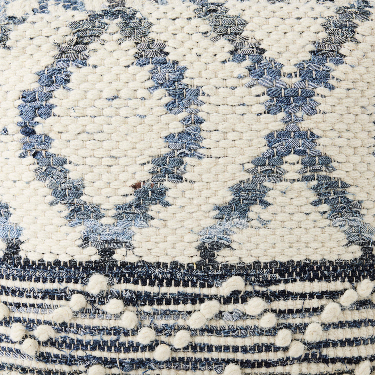 Eshana Cream Wool and Denim Patterned Pouf by Mercana at Eve Furniture