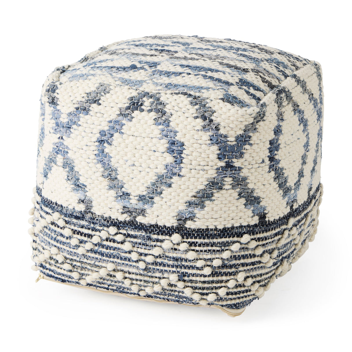 Eshana Cream Wool and Denim Patterned Pouf by Mercana at Eve Furniture