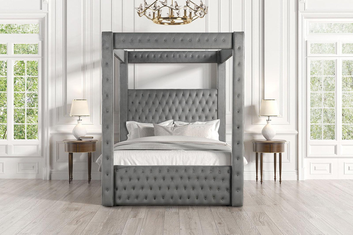 Etherea Gray Queen Upholstered Platform Poster Bed by Furniture of America at Eve Furniture