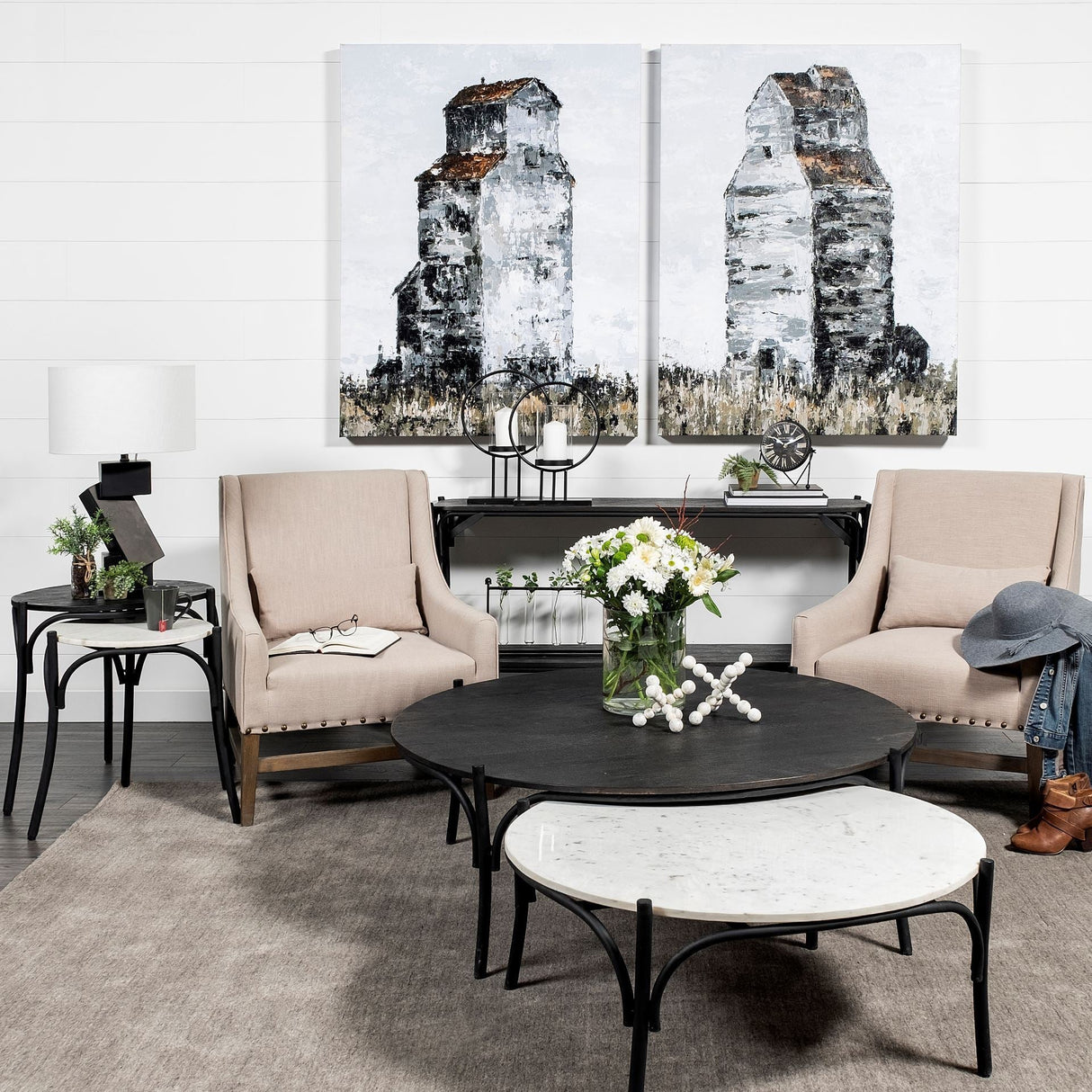 Etienne VII 24" Set of Two Round Top Black Wood and Marble Top Nesting Table by Mercana at Eve Furniture