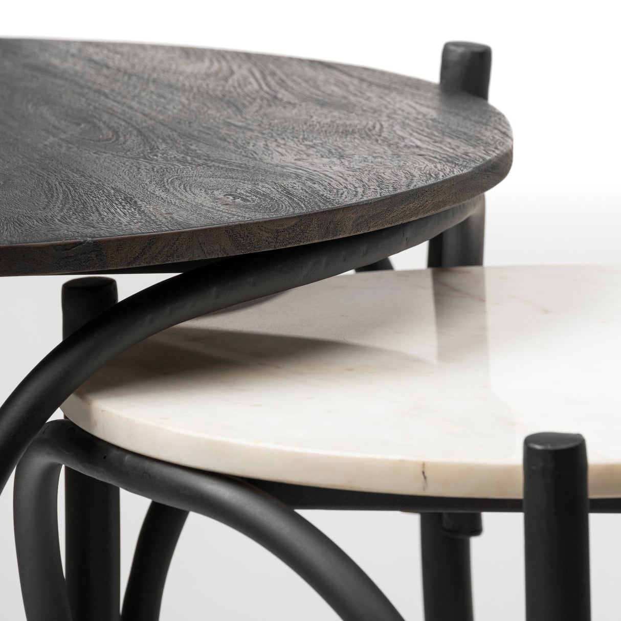 Etienne VII 24" Set of Two Round Top Black Wood and Marble Top Nesting Table by Mercana at Eve Furniture