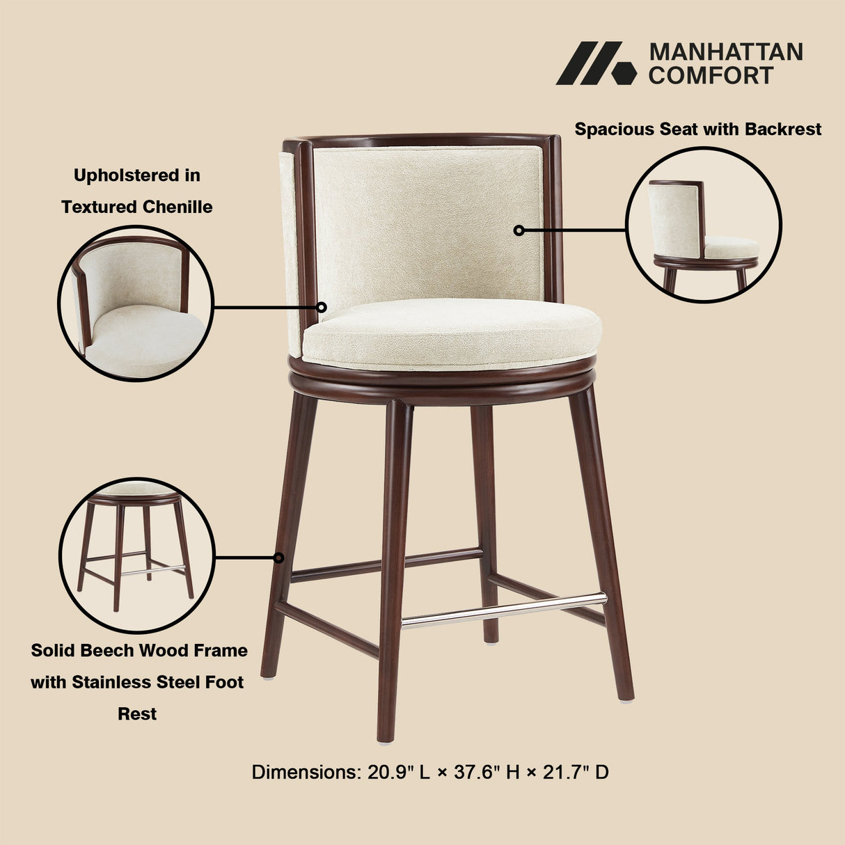 Evalyn Counter Stool in Cream (set of 2) by Manhattan Comfort at Eve Furniture