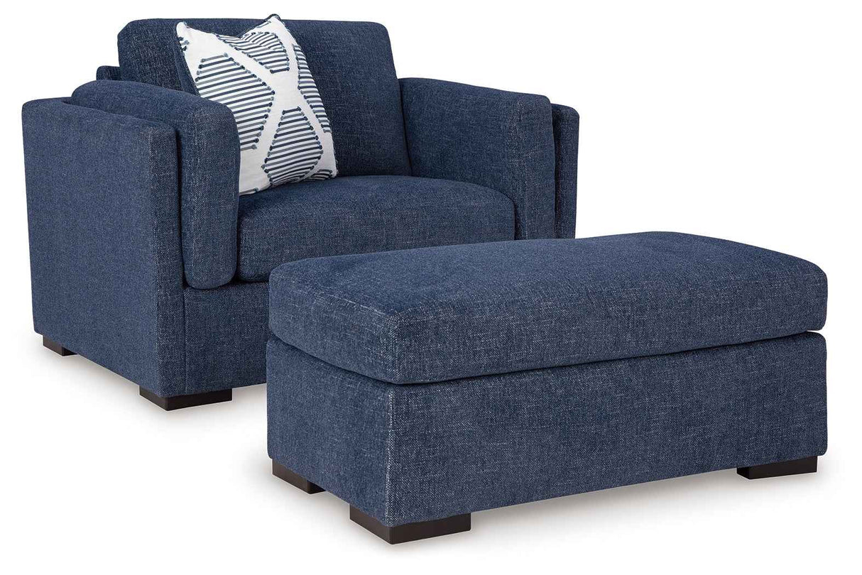 Evansley Navy Chair and Ottoman by Ashley at Eve Furniture