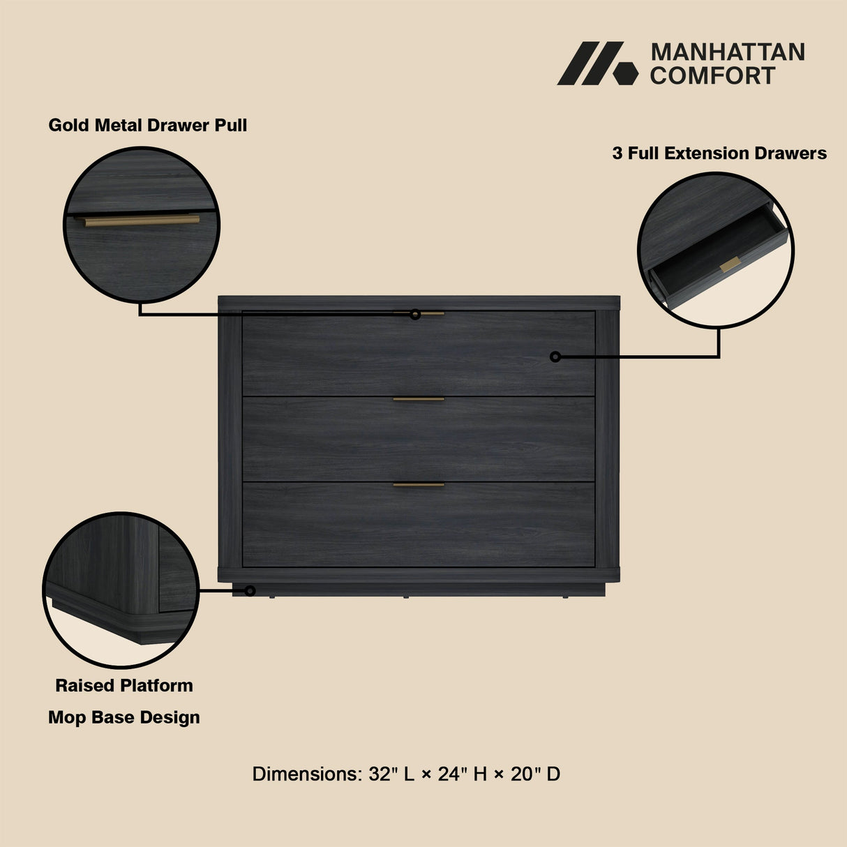 Evelyn 32" Nightstand 4.0 in Charcoal Grey (set of 2) by Manhattan Comfort at Eve Furniture