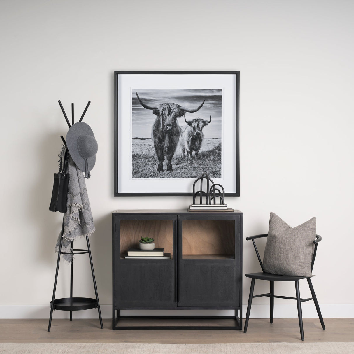Everett Matte Black Metal w/ Two Metal Shelves Coat Rack by Mercana at Eve Furniture