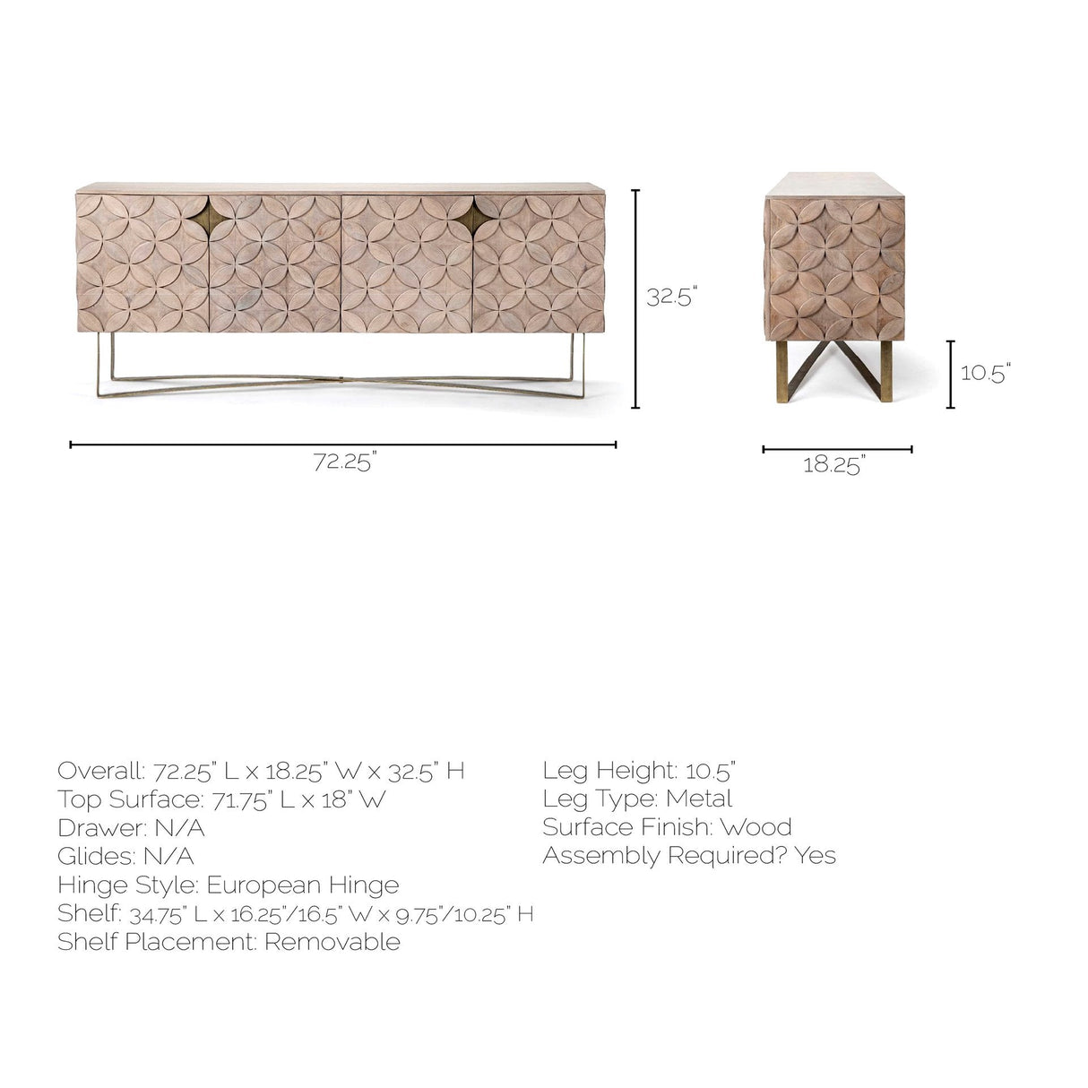Excelsior I Solid Wood Gold Metal Base 4 Cabinet Door SideBoard by Mercana at Eve Furniture
