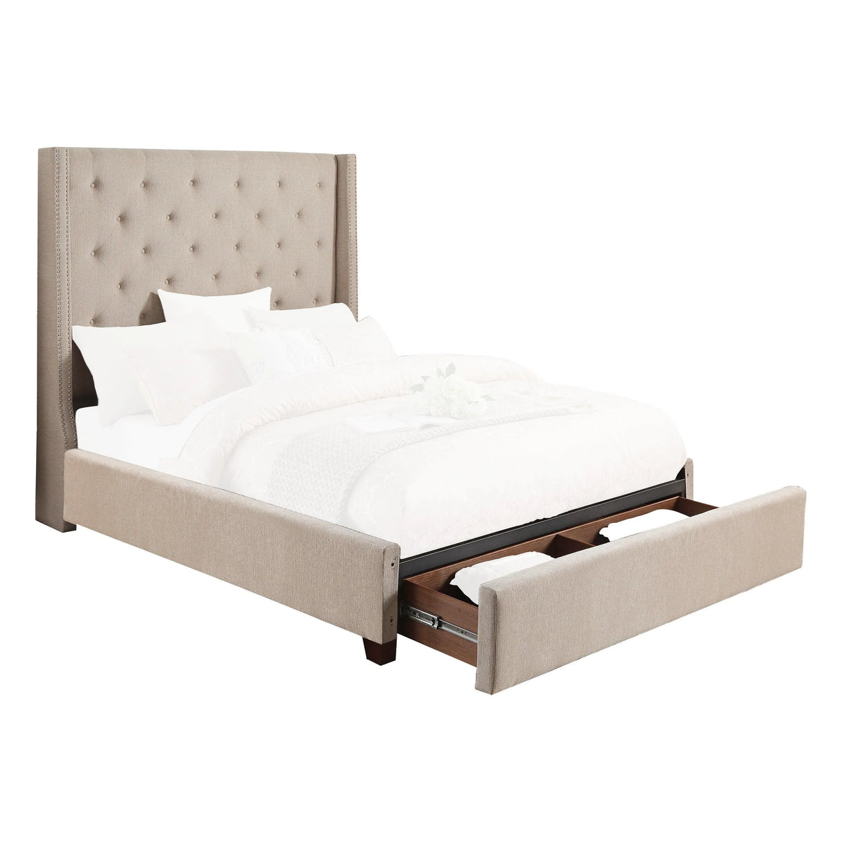 Fairborn Beige Queen Upholstered Storage Platform Bed by Homelegance at Eve Furniture