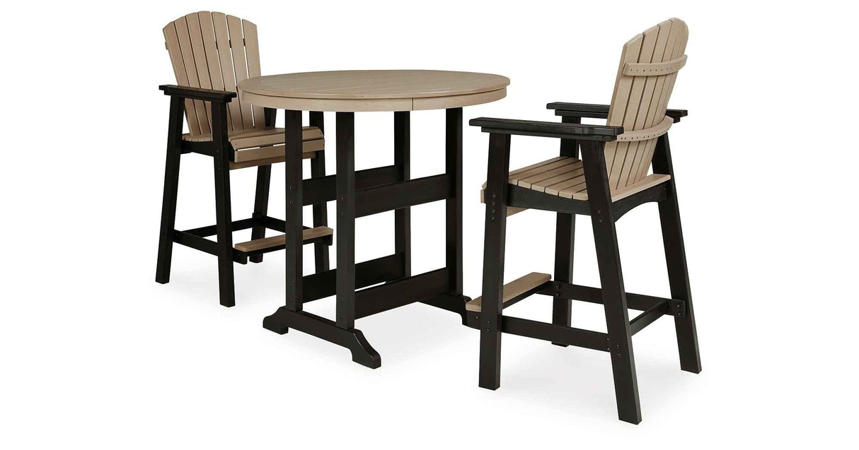 Fairen Trail Black/Driftwood Outdoor Counter Height Dining Table with 2 Barstools by Ashley at Eve Furniture