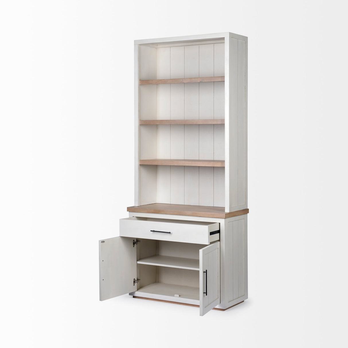 Fairview I White and Medium Brown Wood Three Shelf Shelving Unit by Mercana at Eve Furniture
