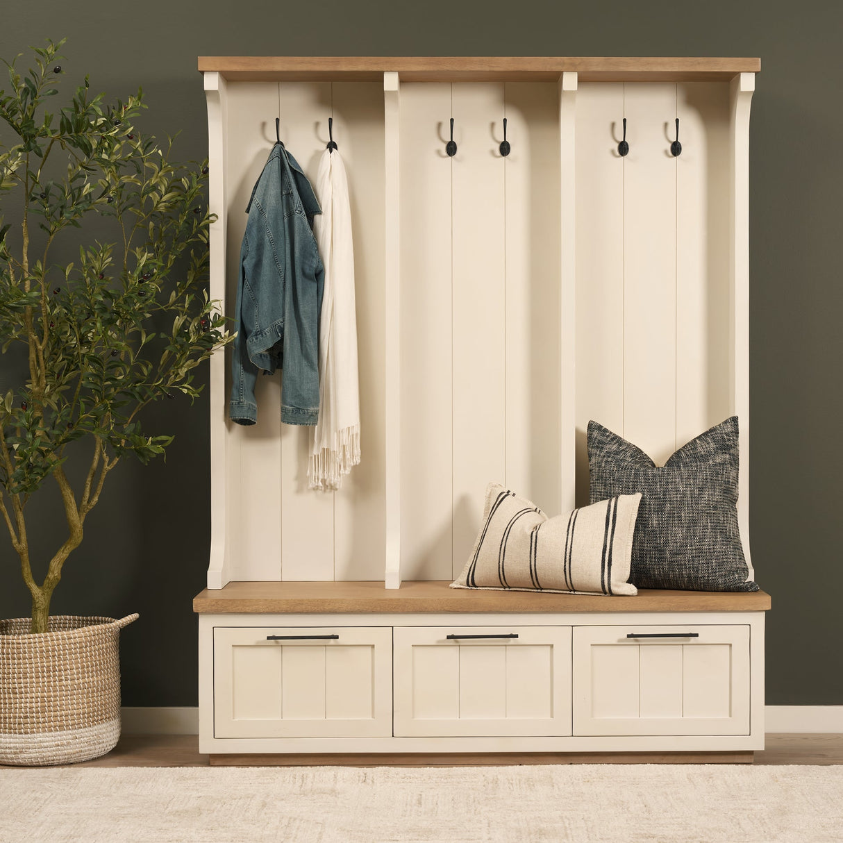 Fairview IV White And Brown Wood With Storage Hall Tree by Mercana at Eve Furniture