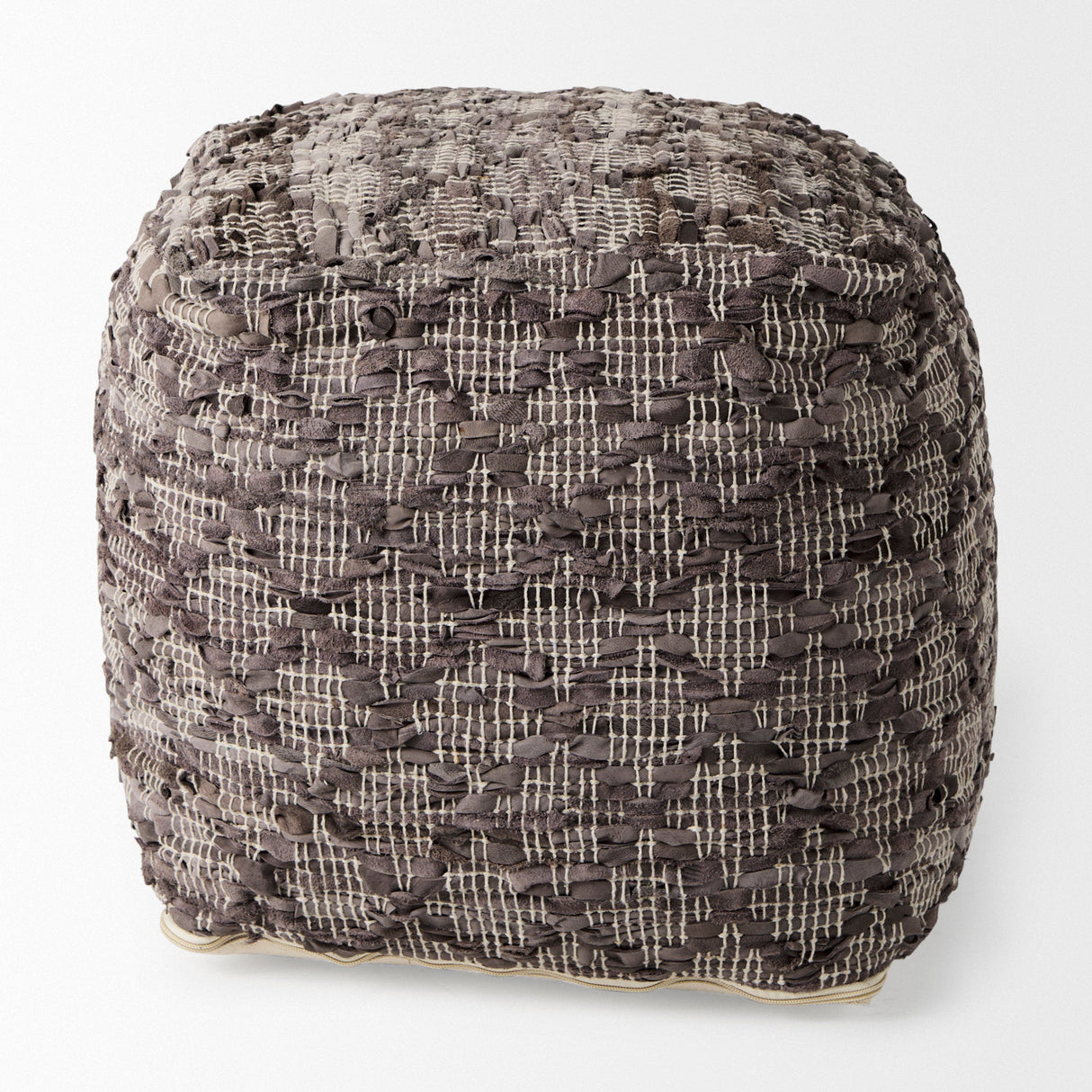 Falguni 16.0L x 16.0W x 16.0H Gray Leather and Cotton Patterned Pouf by Mercana at Eve Furniture
