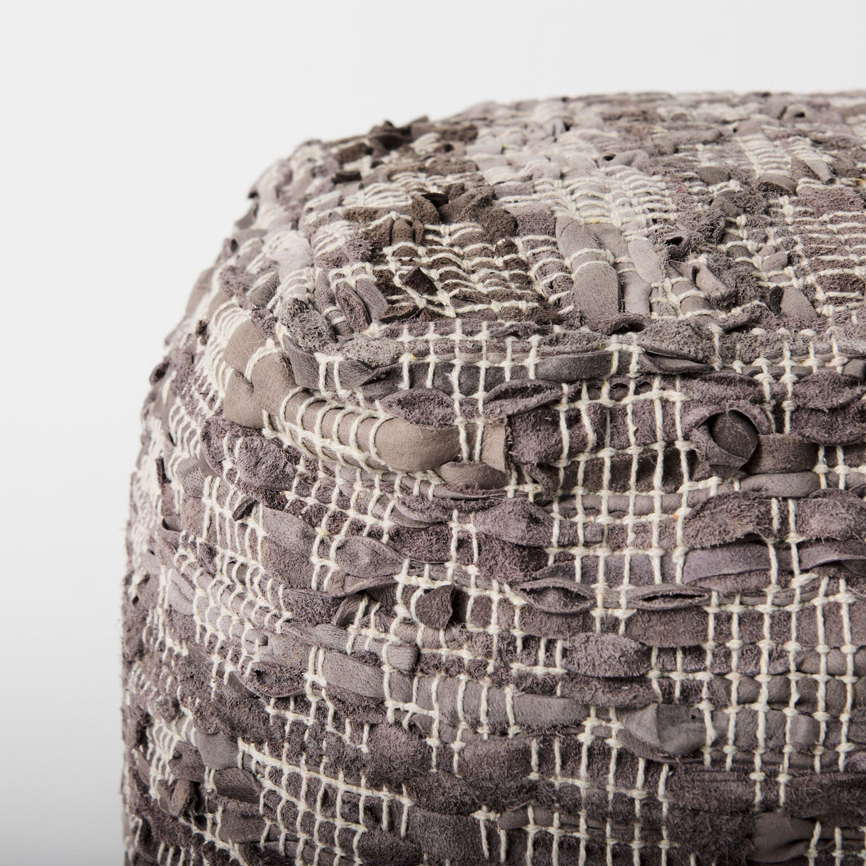 Falguni Gray Leather and Cotton Patterned Pouf by Mercana at Eve Furniture