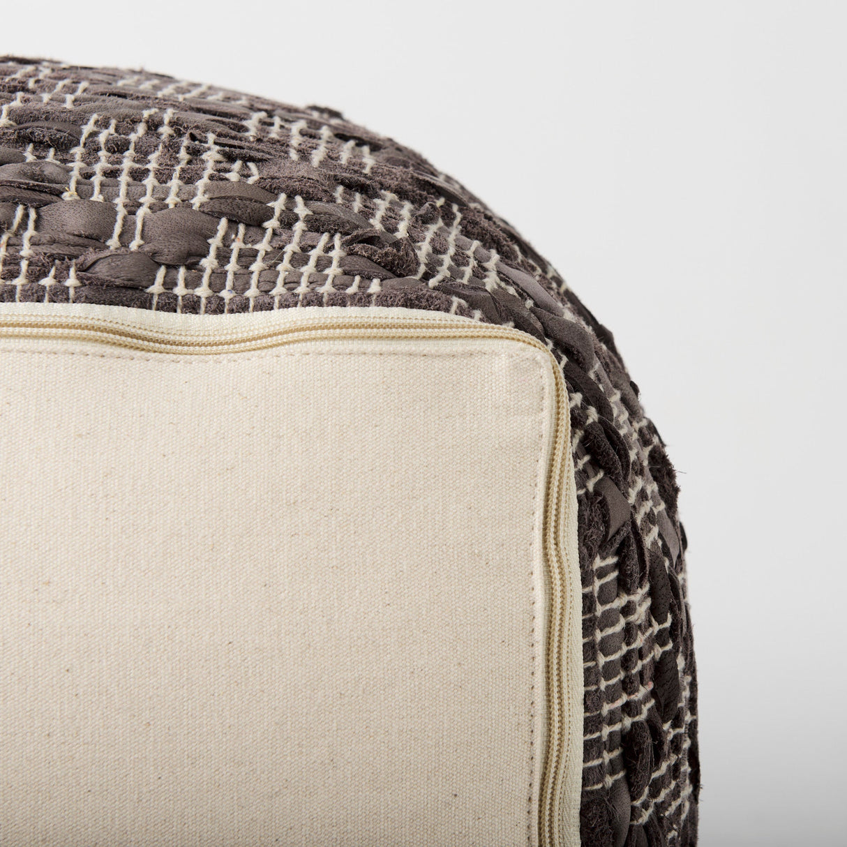 Falguni Gray Leather and Cotton Patterned Pouf by Mercana at Eve Furniture
