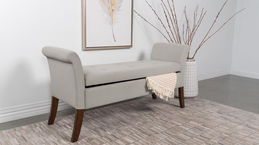 Farrah Beige and Brown Upholstered Rolled Arms Storage Bench by Coaster at Eve Furniture