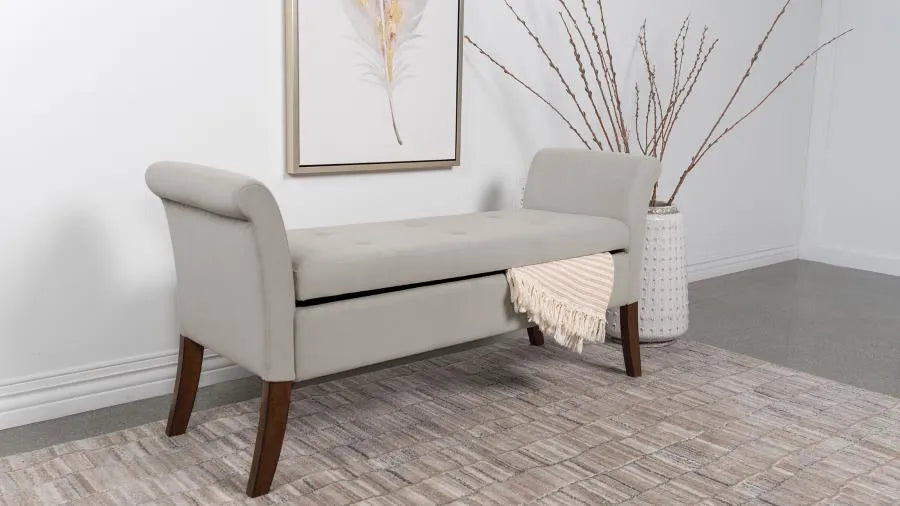 Farrah Beige and Brown Upholstered Rolled Arms Storage Bench by Coaster at Eve Furniture