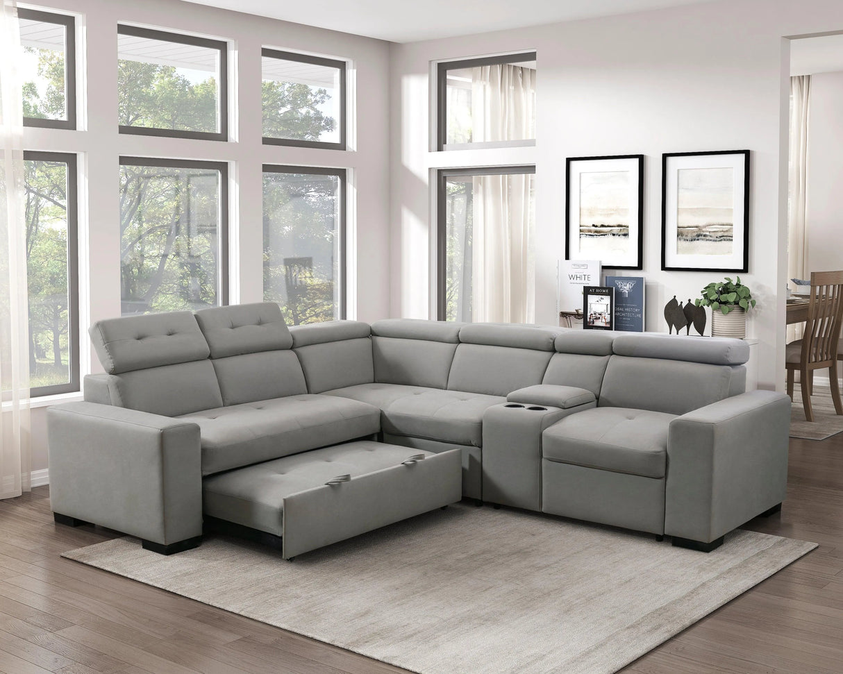 Farrah Light Gray 3-Piece Sectional with Adjustable Headrests, Pull-out Bed and Console by Homelegance at Eve Furniture