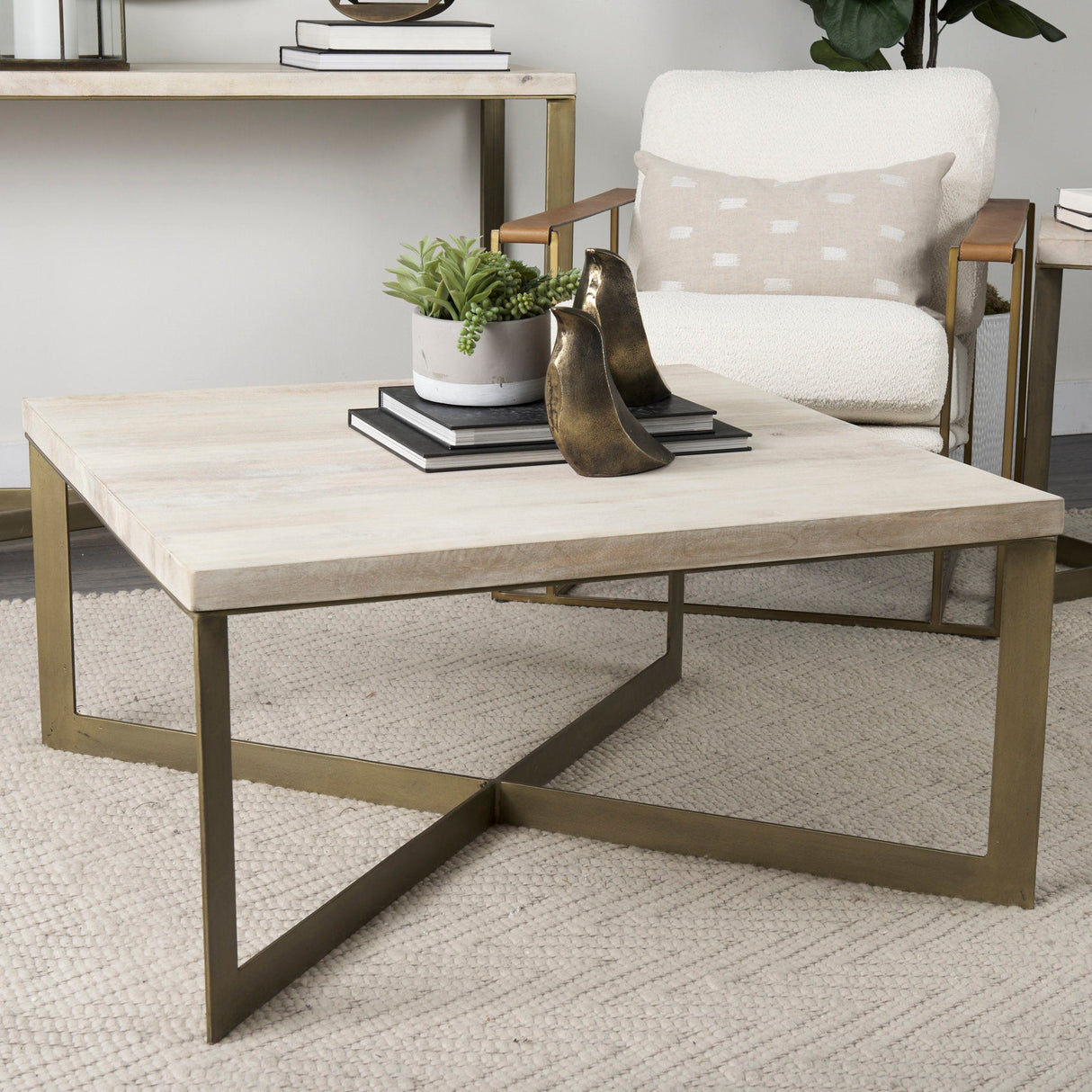 Faye Beige Finished Wood W/Gold Metal Base Square Coffee Table by Mercana at Eve Furniture
