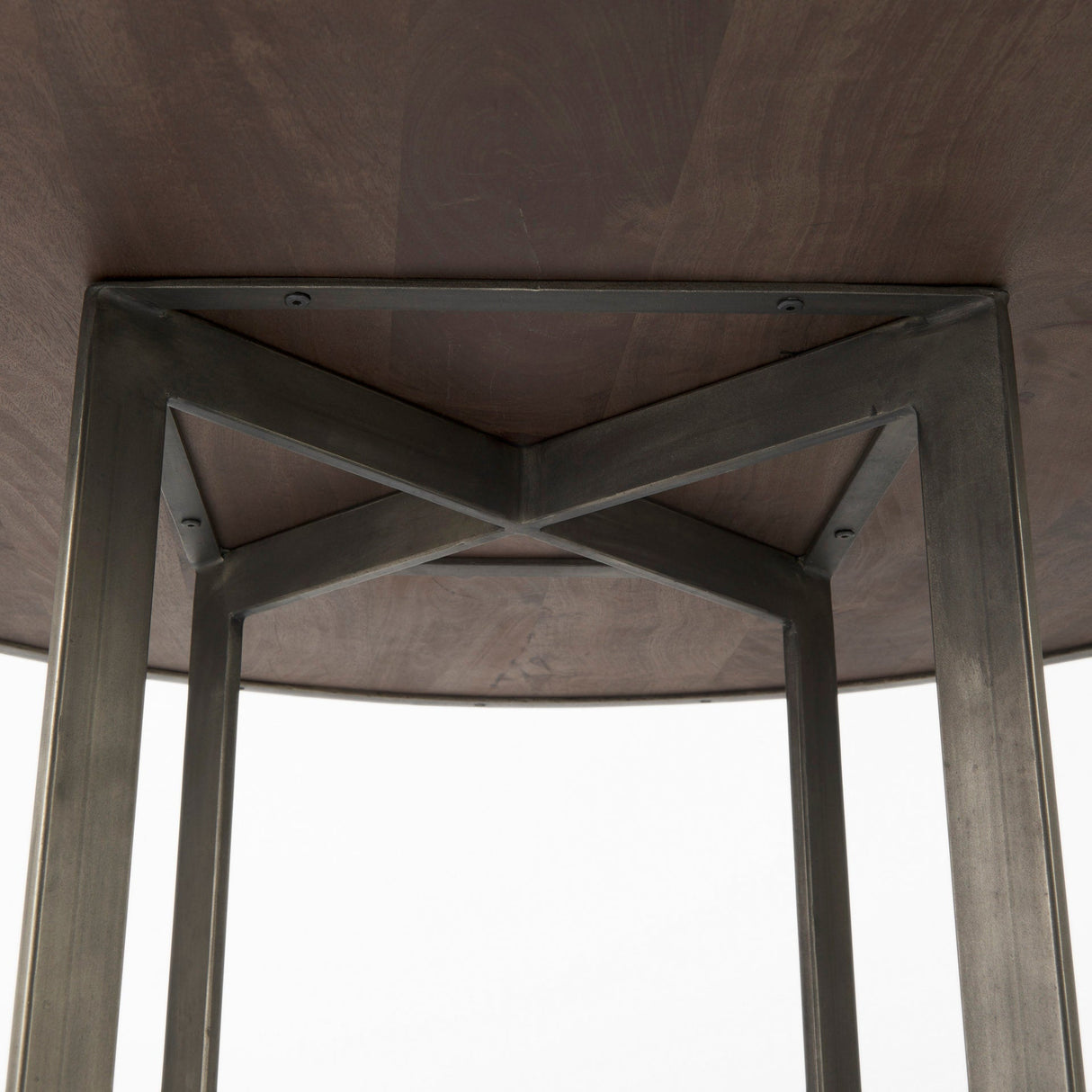 Faye I Medium Brown Wood W/Antique Nickel Metal Base Round Dining Table by Mercana at Eve Furniture