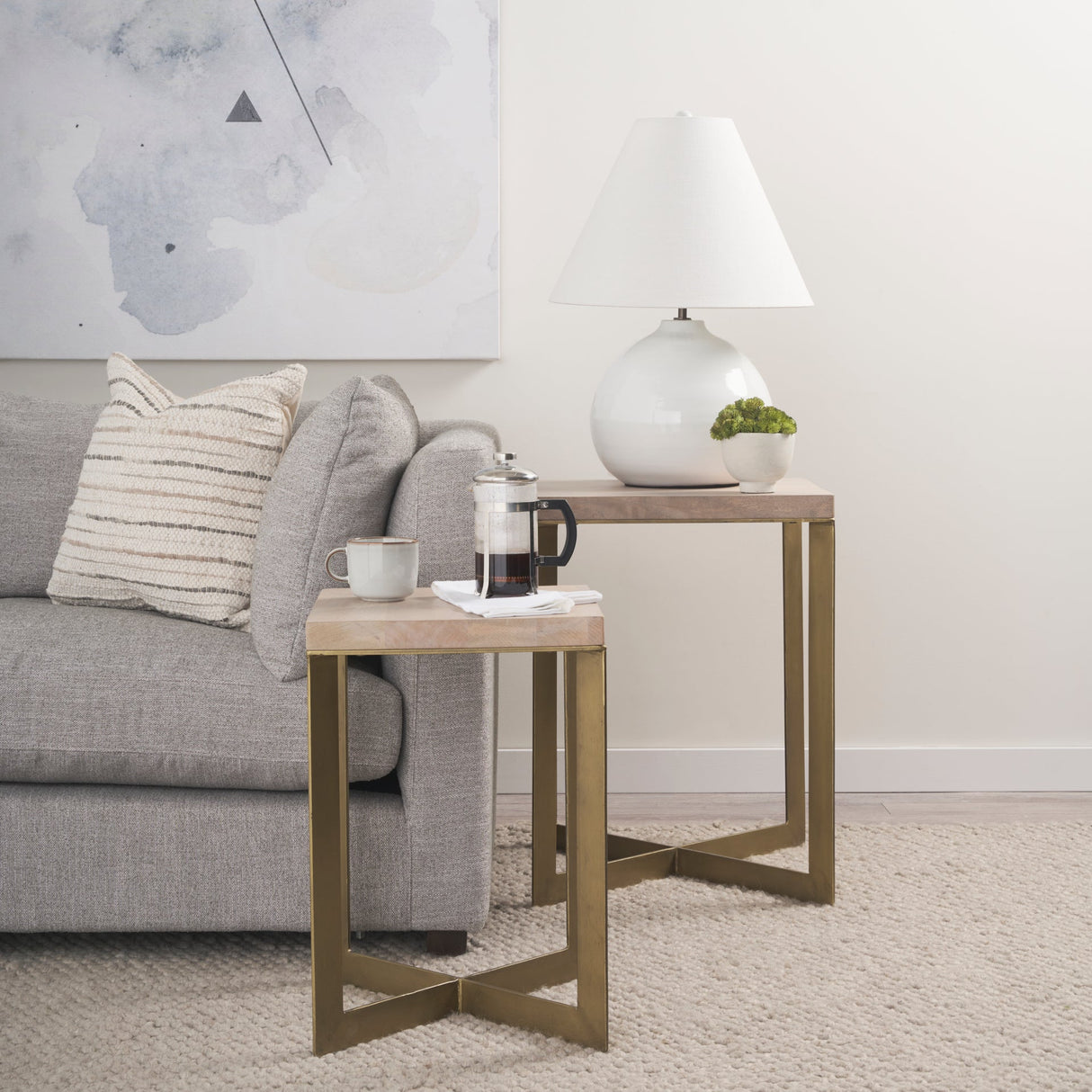 Faye (Set of 2) 19L x 19W x 26H Beige Finished Wood W/ Gold Metal Base Accent Tables by Mercana at Eve Furniture