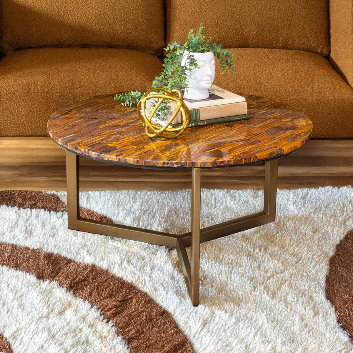 Calico 36" Coffee Table in Tiger Eye with Antique Gold Base by Home Trends & Design at Eve Furniture