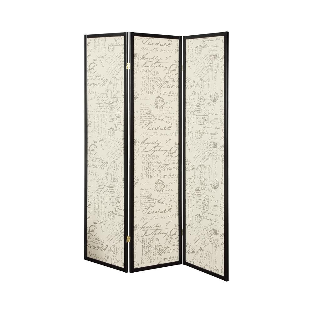 Felice Espresso 3-Panel French Script Print Folding Screen by Coaster at Eve Furniture
