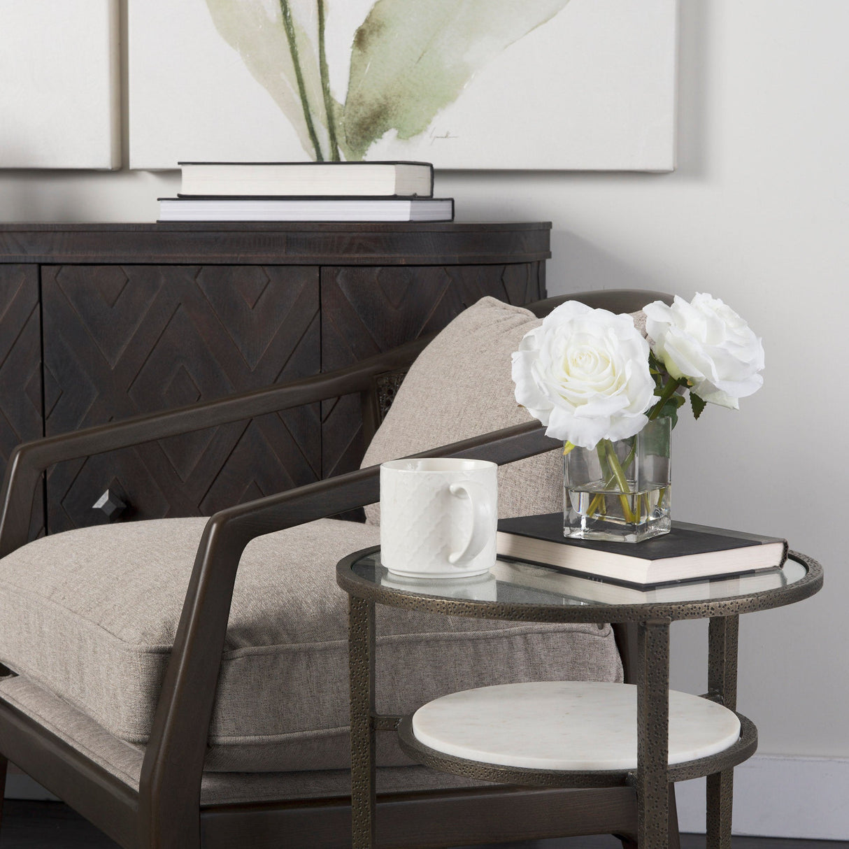 Felicity 15.8L X 15.8W X 22.5H Glass Top W/ White Marble Shelf and Antique Gold Base End/Side Table by Mercana at Eve Furniture