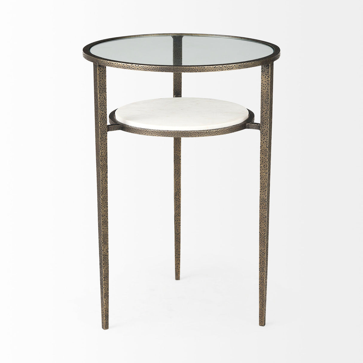 Felicity 15.8L X 15.8W X 22.5H Glass Top W/ White Marble Shelf and Antique Gold Base End/Side Table by Mercana at Eve Furniture