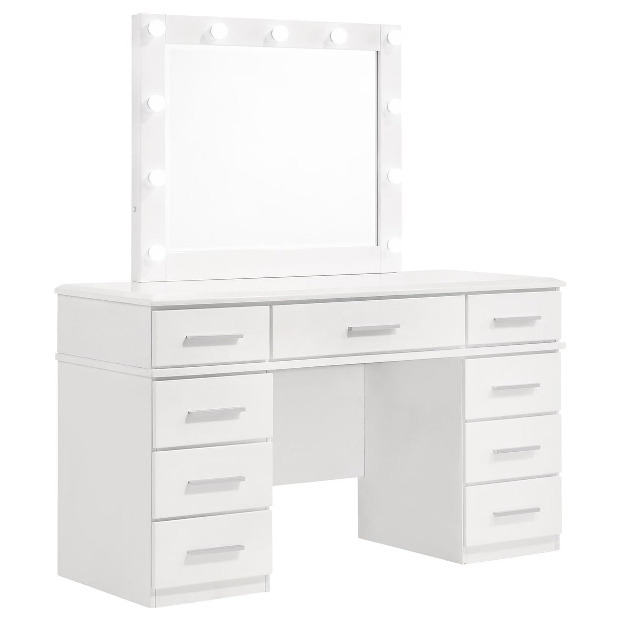 Felicity Glossy White 9-Drawer Vanity Desk with Lighted Mirror by Coaster at Eve Furniture