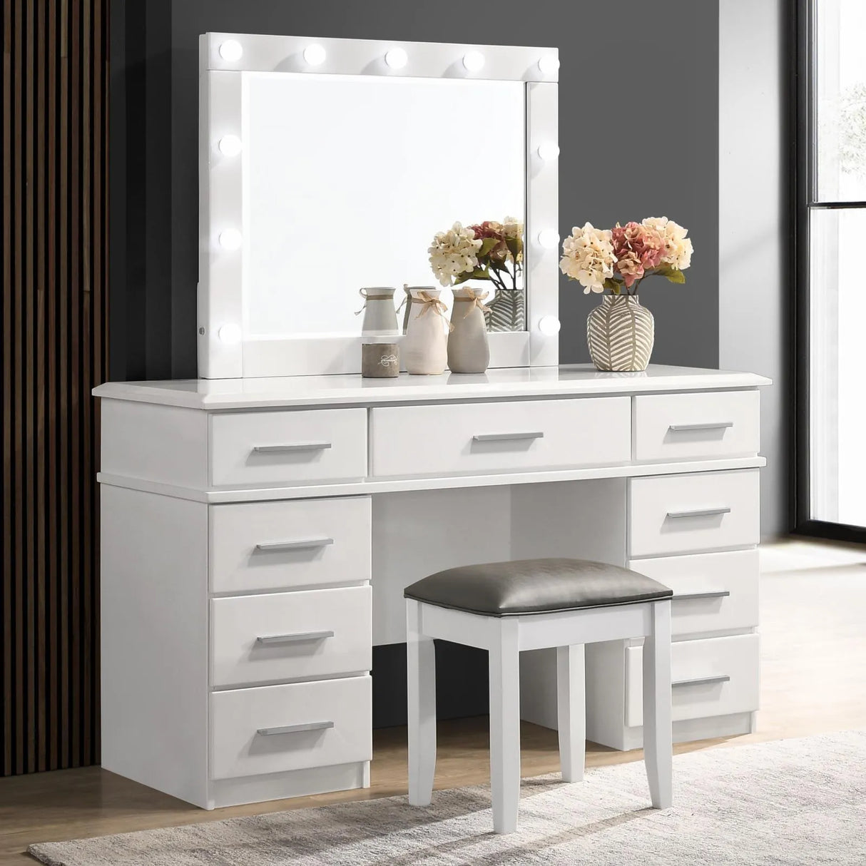 Felicity Glossy White 9-Drawer Vanity Desk with Lighted Mirror by Coaster at Eve Furniture