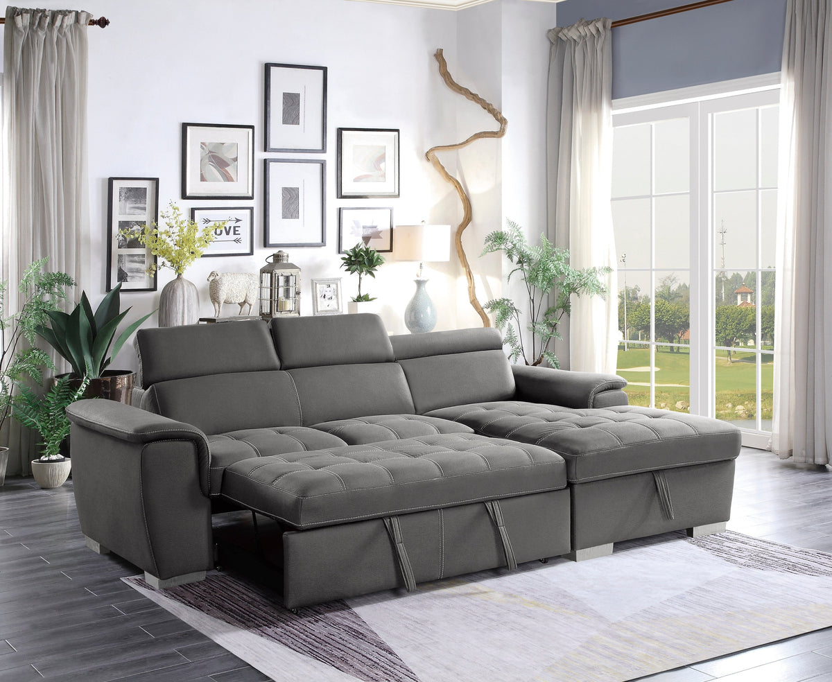 Ferriday Gray 2-Piece Sectional with Adjustable Headrests, Pull-out Bed and Right Chaise with Hidden Storage by Homelegance at Eve Furniture