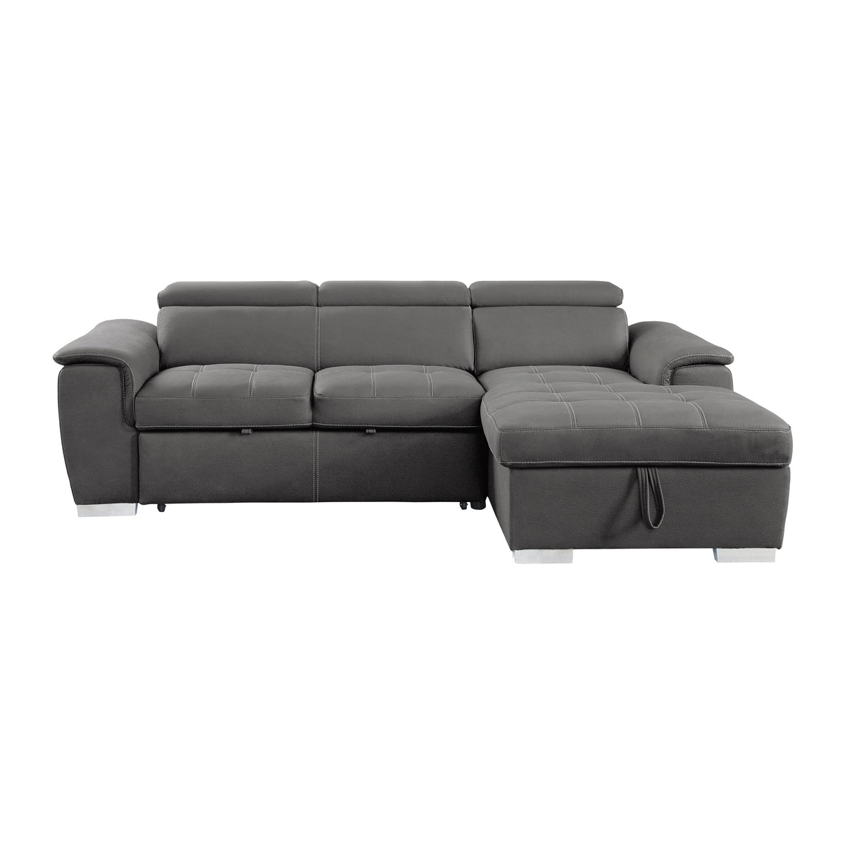 Ferriday Gray 2-Piece Sectional with Adjustable Headrests, Pull-out Bed and Right Chaise with Hidden Storage by Homelegance at Eve Furniture