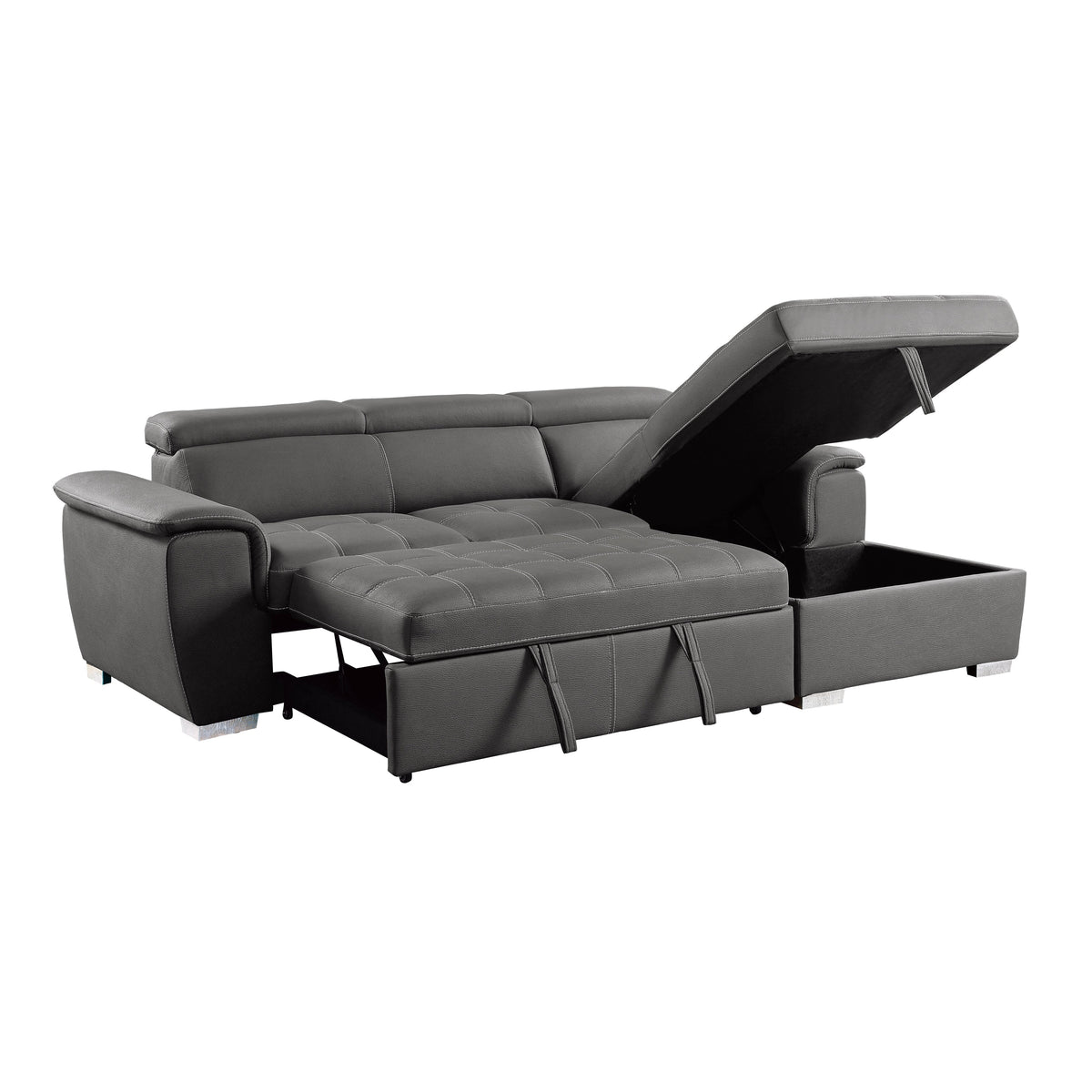 Ferriday Gray 2-Piece Sectional with Adjustable Headrests, Pull-out Bed and Right Chaise with Hidden Storage by Homelegance at Eve Furniture