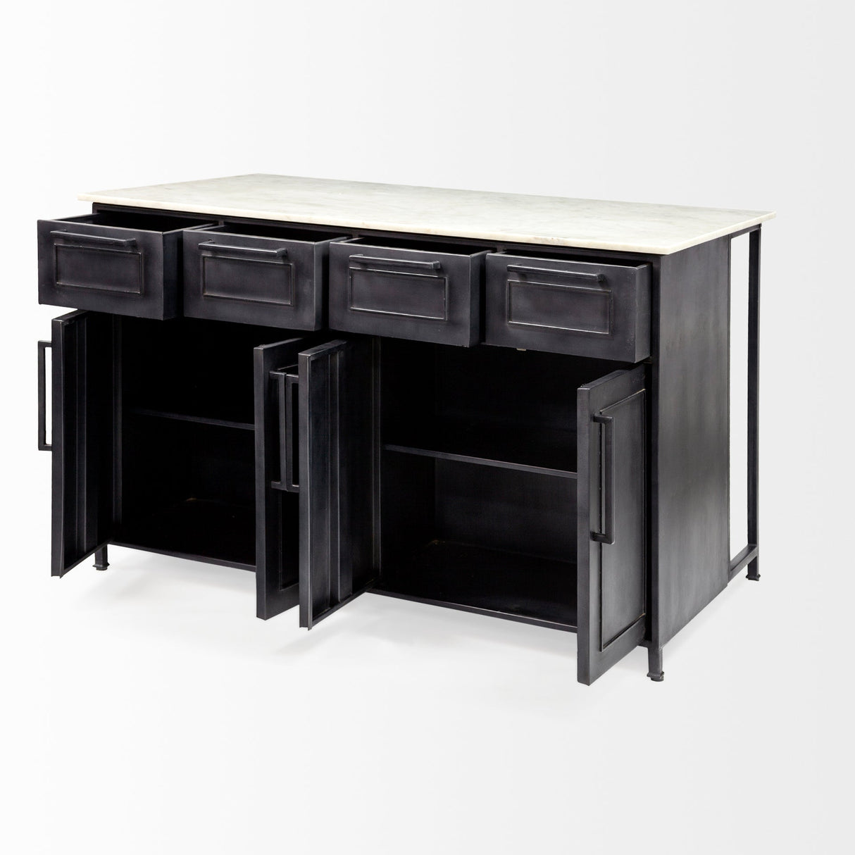 Fieri Solid Iron Black Body White Marble Top Four Drawer Kitchen Island by Mercana at Eve Furniture