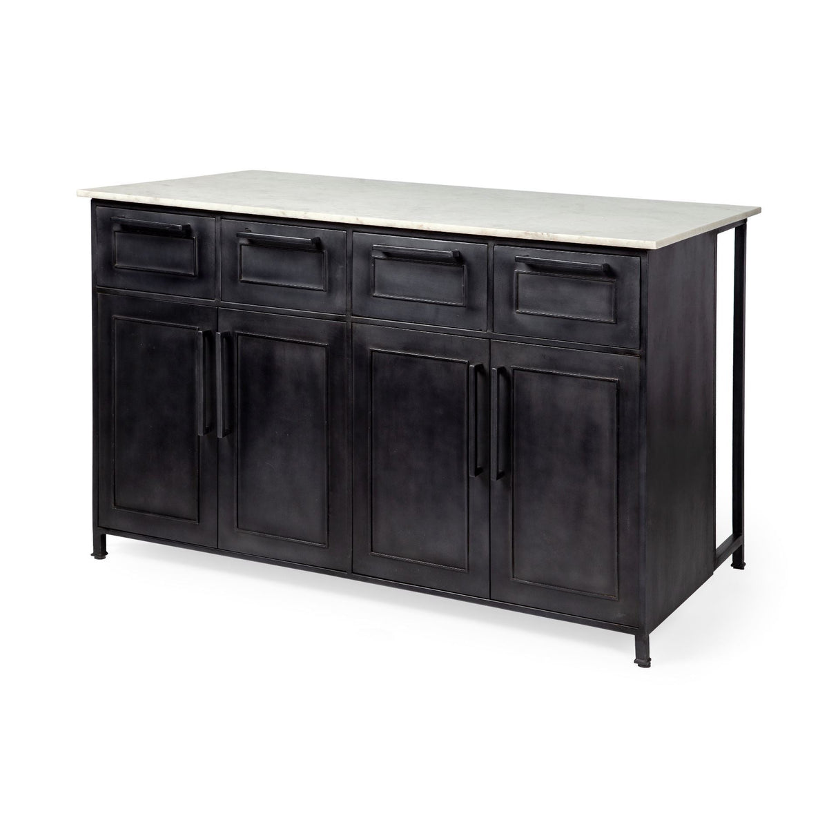 Fieri Solid Iron Black Body White Marble Top Four Drawer Kitchen Island by Mercana at Eve Furniture
