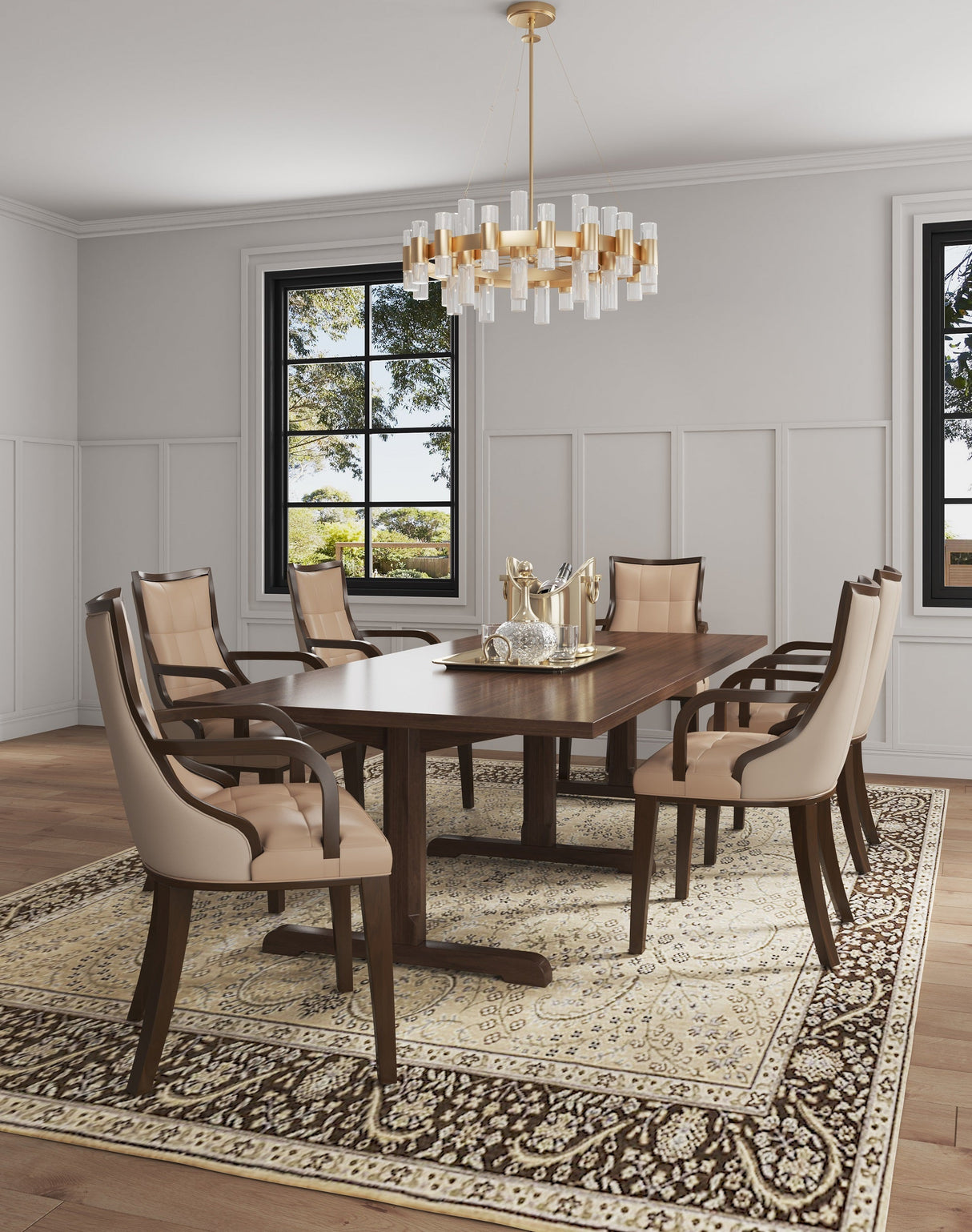 Fifth Avenue Faux Leather and Velvet Dining Armchair in Tan and Walnut by Manhattan Comfort at Eve Furniture