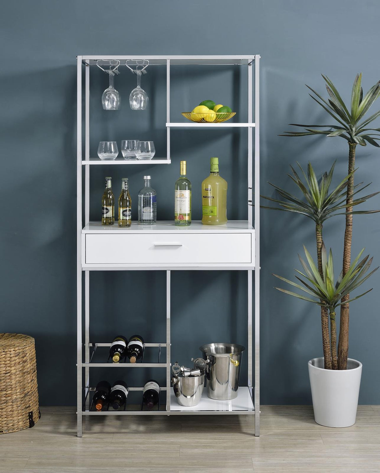 Figueroa White High Gloss and Chrome 5-shelf Wine Cabinet with Storage Drawer by Coaster at Eve Furniture