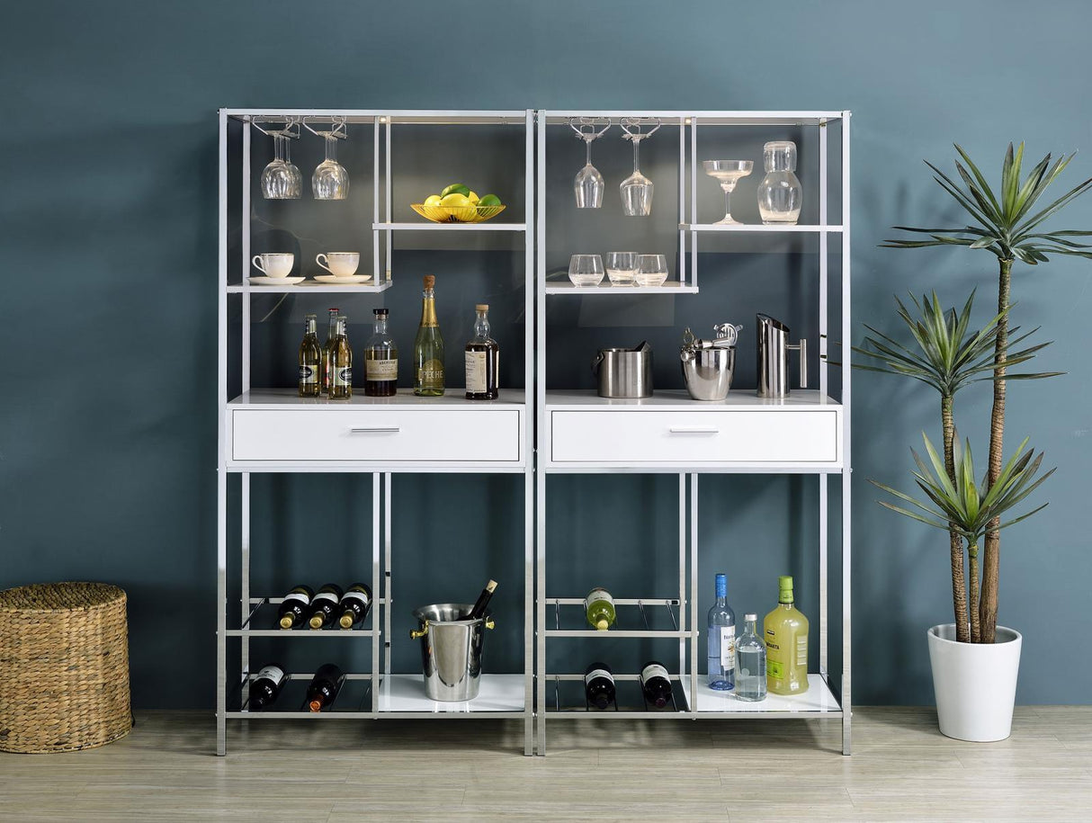 Figueroa White High Gloss and Chrome 5-shelf Wine Cabinet with Storage Drawer by Coaster at Eve Furniture