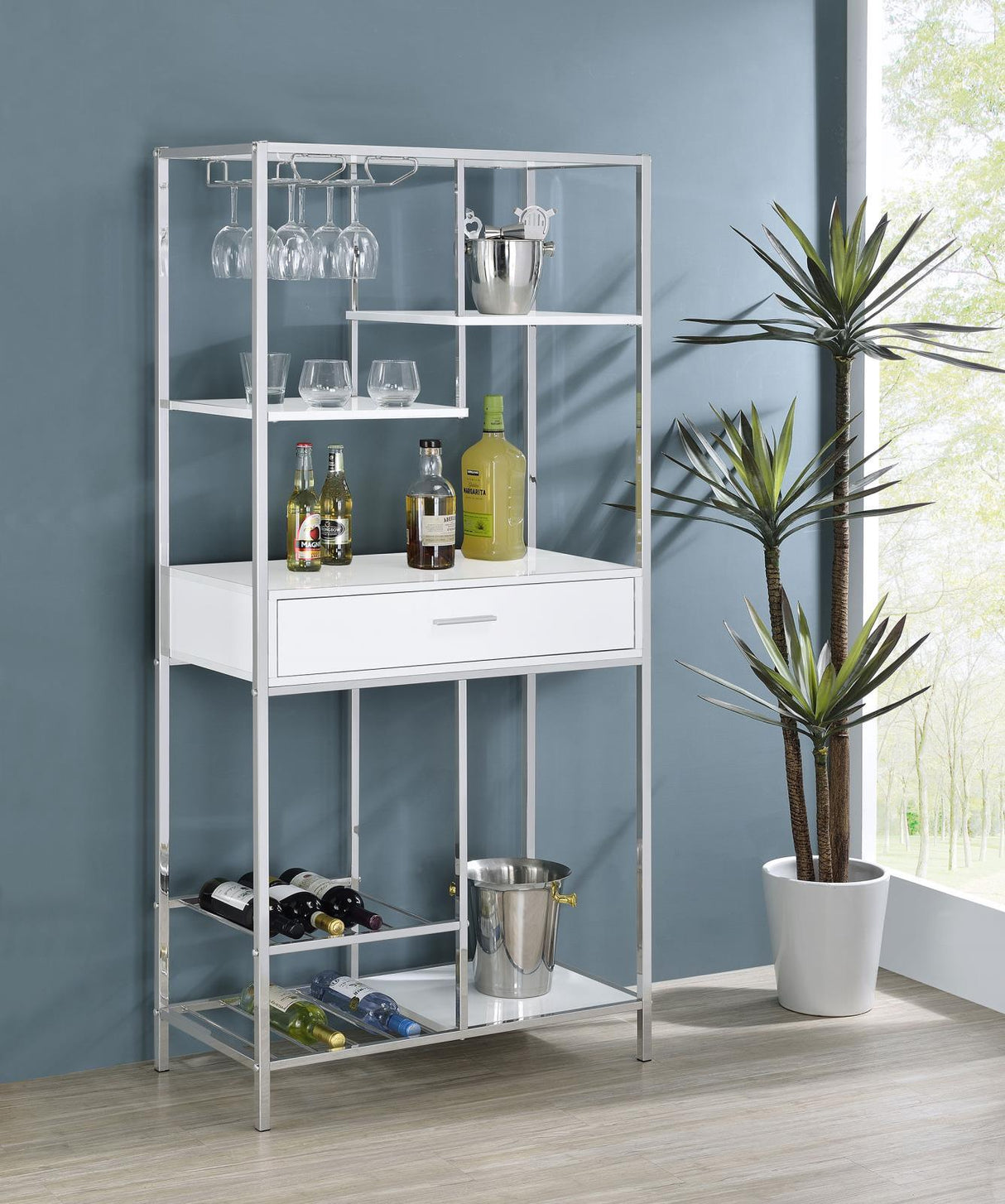 Figueroa White High Gloss and Chrome 5-shelf Wine Cabinet with Storage Drawer by Coaster at Eve Furniture