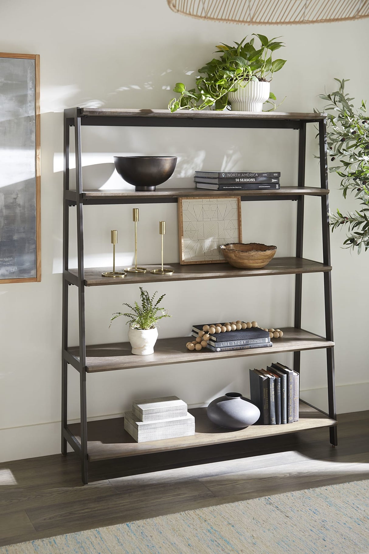 Finch Buckwheat/Antique Bronze Wood and Metal Etagere Bookcase by Modus Furniture at Eve Furniture