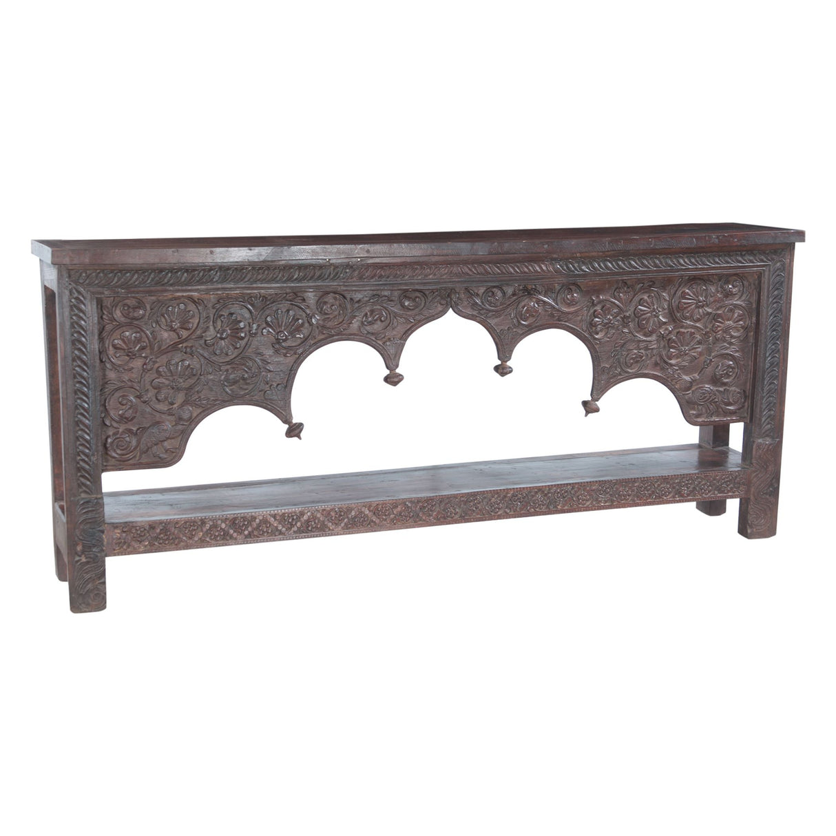 Finely Carved Large Wood Arch Console Table with Bottom Shelf by Home Trends & Design at Eve Furniture