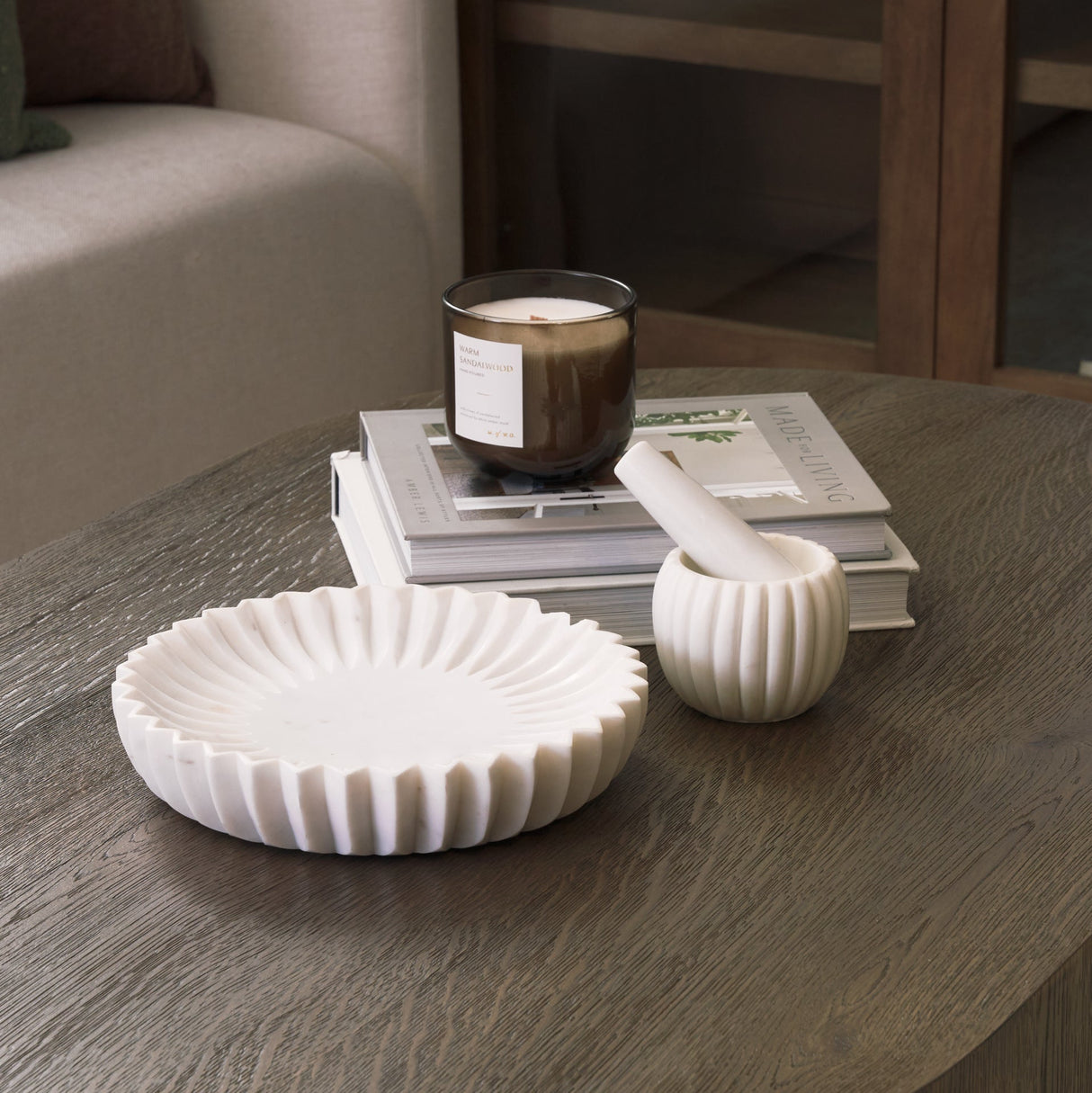 Fiora Round White Marble Scalloped Decorative Bowl by Mercana at Eve Furniture