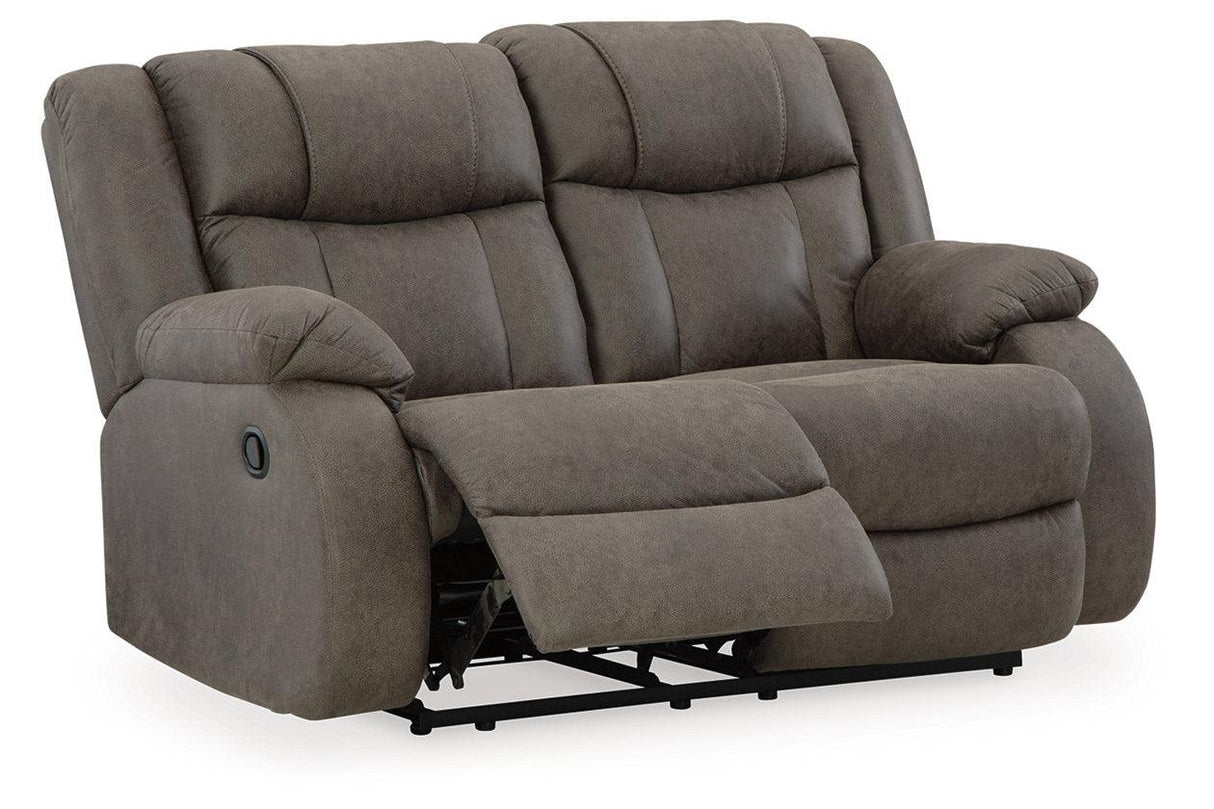 First Base Gunmetal Reclining Sofa, Loveseat and Recliner by Ashley at Eve Furniture