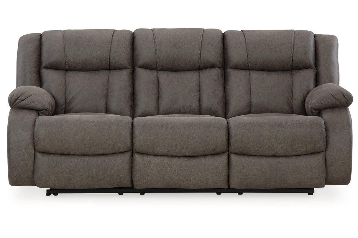 First Base Gunmetal Reclining Sofa, Loveseat and Recliner by Ashley at Eve Furniture