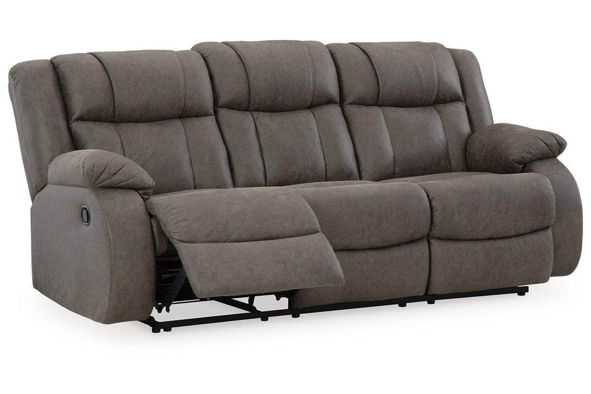 First Base Gunmetal Reclining Sofa, Loveseat and Recliner by Ashley at Eve Furniture