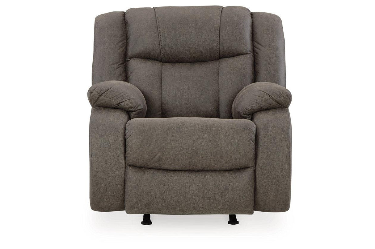 First Base Gunmetal Reclining Sofa, Loveseat and Recliner by Ashley at Eve Furniture