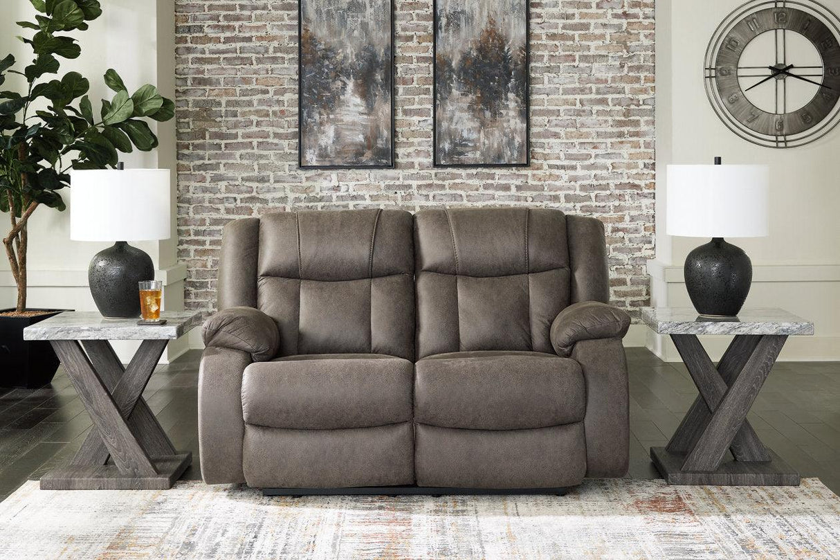 First Base Gunmetal Reclining Sofa, Loveseat and Recliner by Ashley at Eve Furniture
