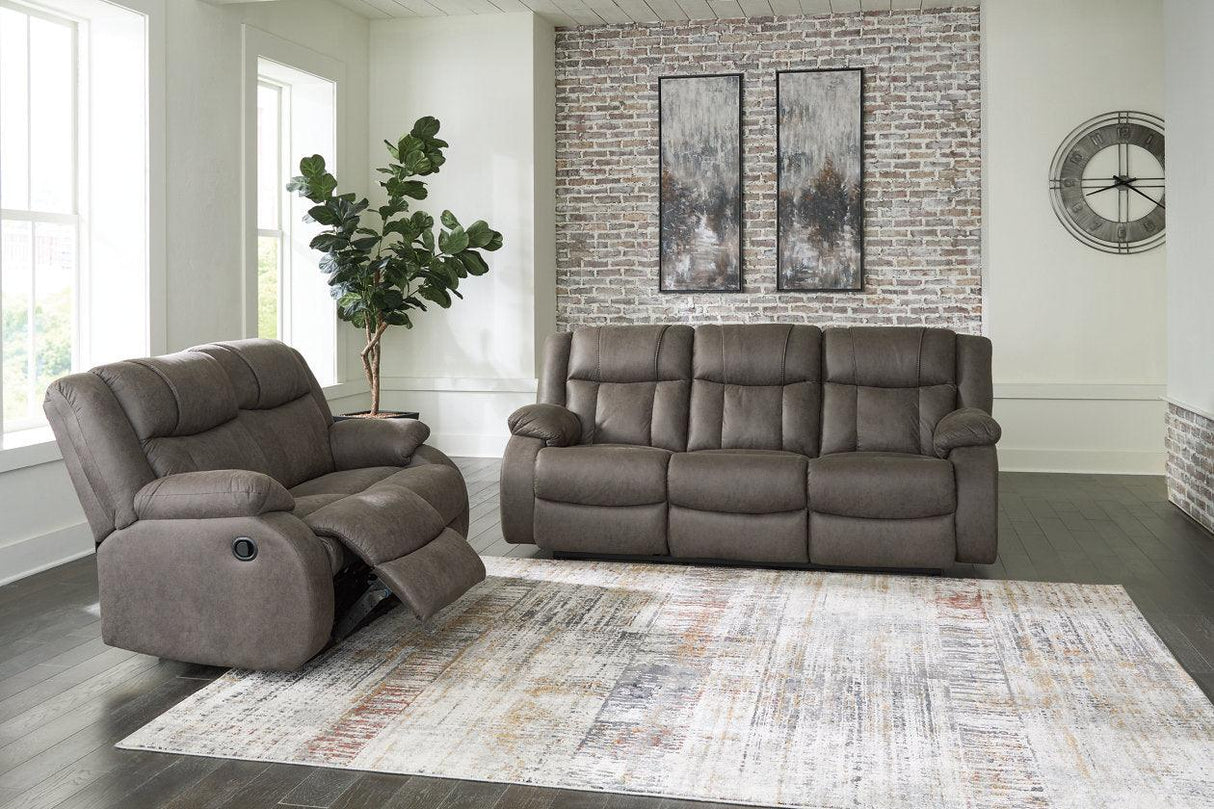 First Base Gunmetal Reclining Sofa, Loveseat and Recliner by Ashley at Eve Furniture