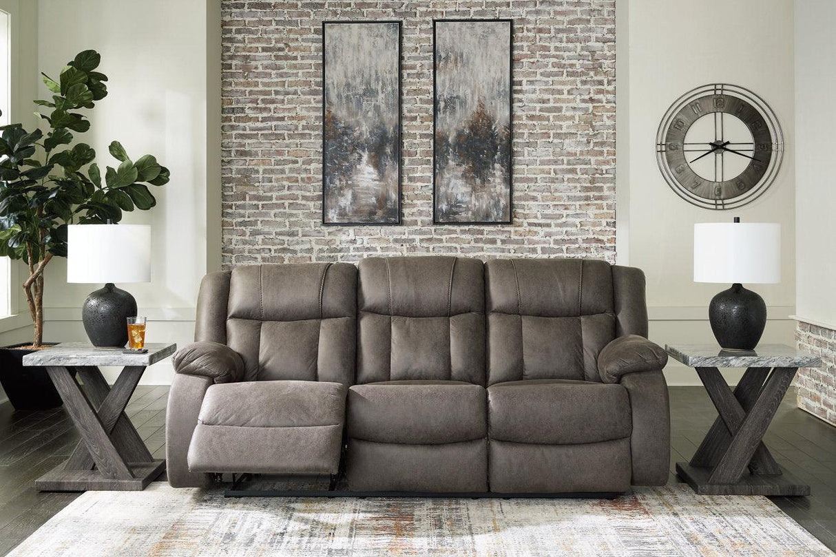 First Base Gunmetal Reclining Sofa, Loveseat and Recliner by Ashley at Eve Furniture