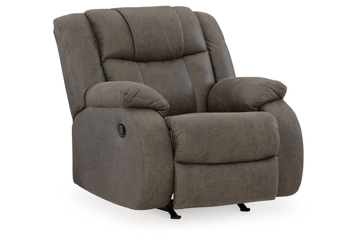 First Base Gunmetal Reclining Sofa, Loveseat and Recliner by Ashley at Eve Furniture