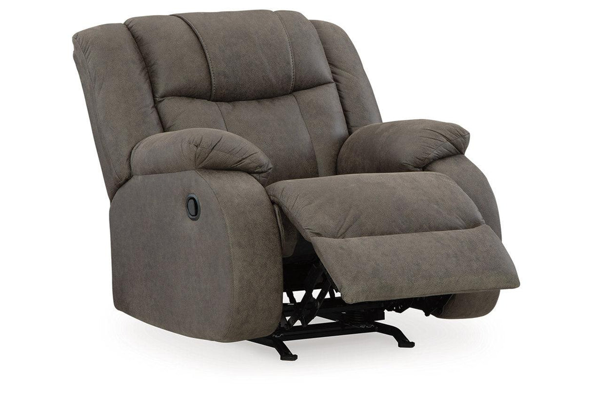 First Base Gunmetal Reclining Sofa, Loveseat and Recliner by Ashley at Eve Furniture